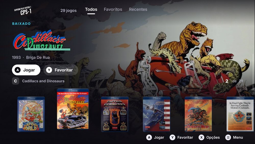Tela do app RetroMax Games 2.0 com a lista de jogos de CPS-1 e o botão Jogar